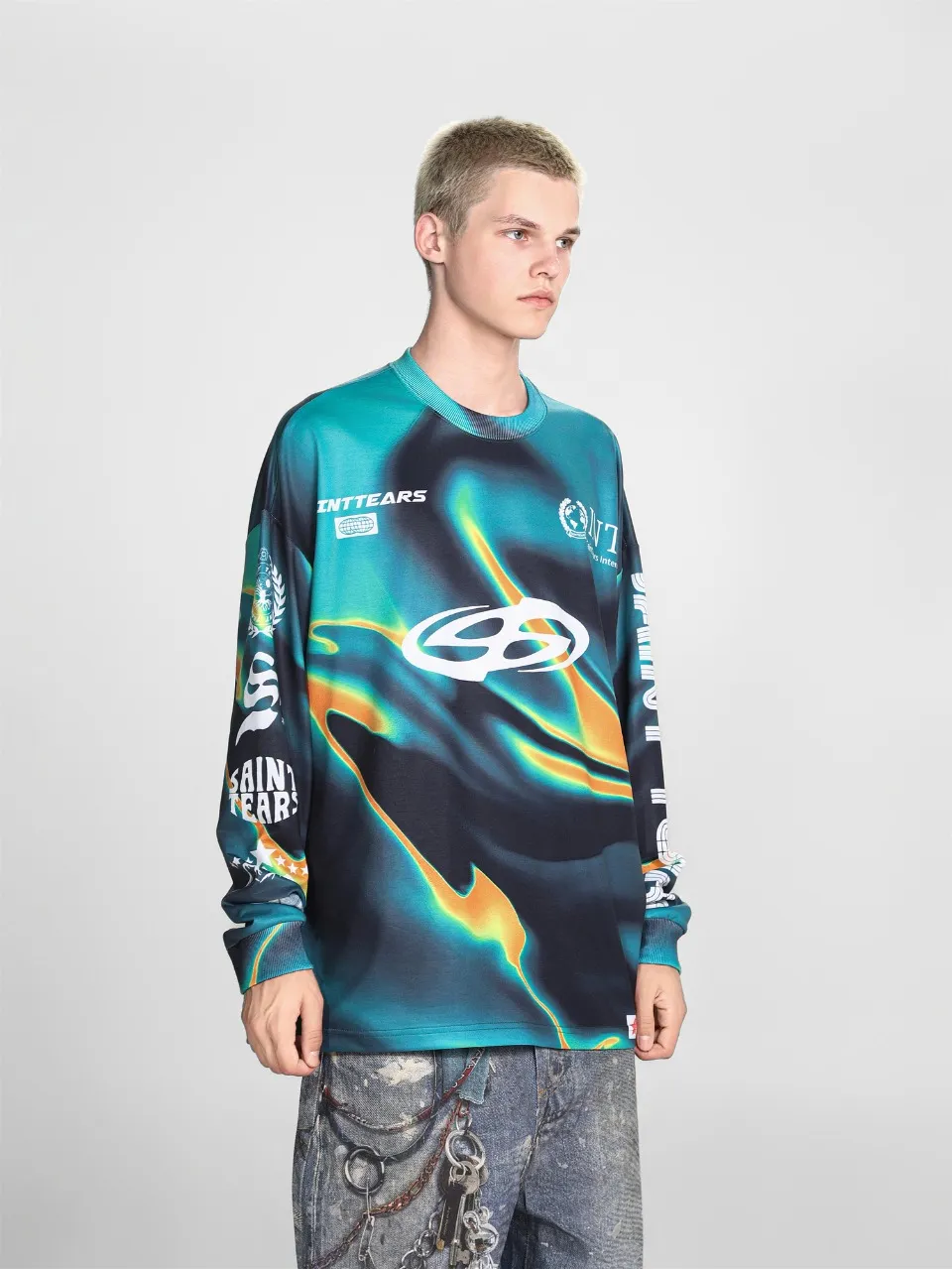 Saint michael tears all-over printed long-sleeved vintage autumn and winter T-shirt Style number: 119 Size: M L XL Wholesale price: 136 Color: blue yellow